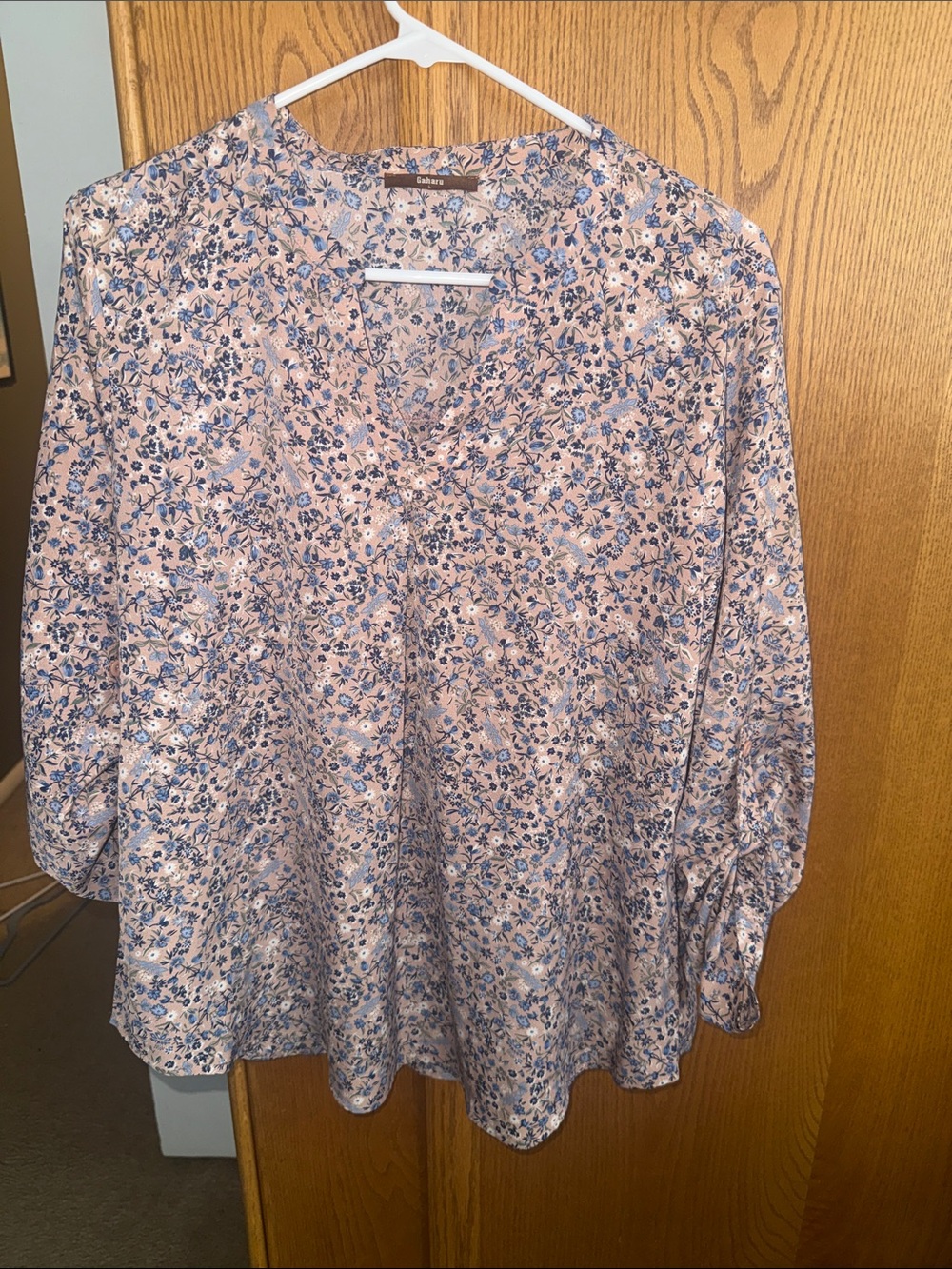Pink Floral Blouse with Blue Accents